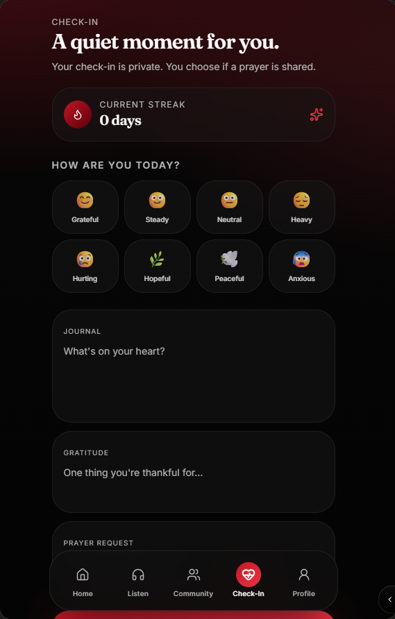 The Allred Effect app check-in screen with mood options and journal prompts