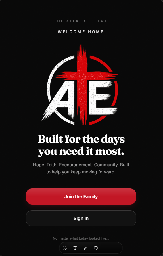 The Allred Effect app welcome screen with the AE logo
