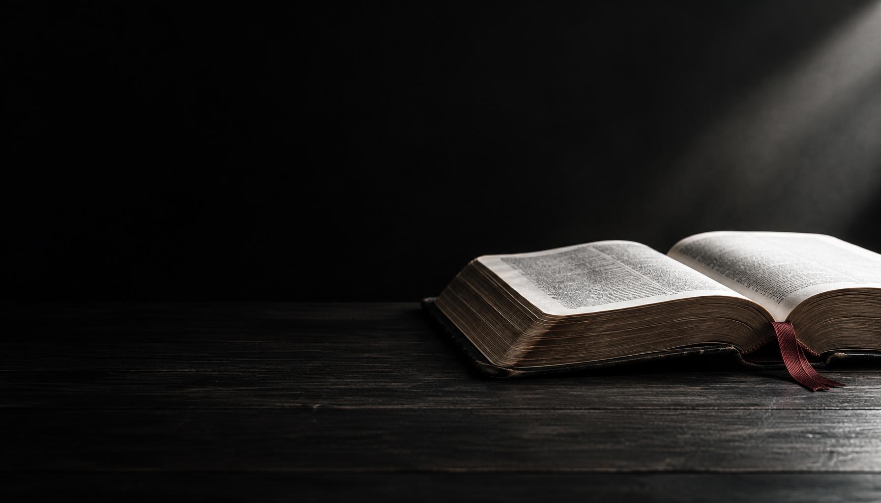 An open Bible with a red bookmark in a quiet pool of light