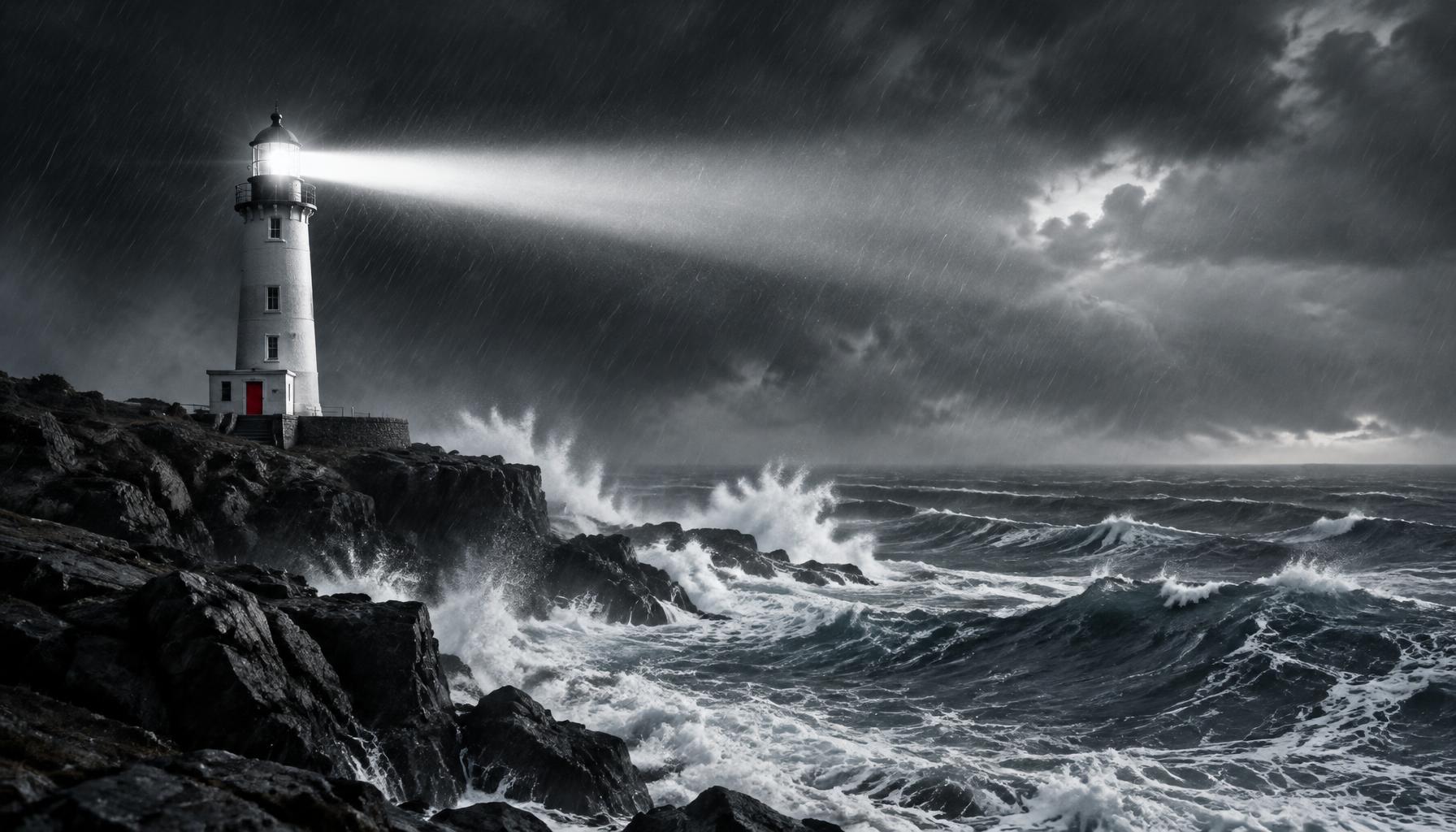 A lighthouse casting a bright beam across a stormy sea